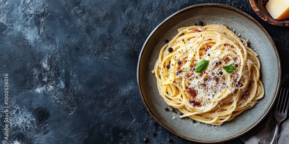 Top View of Spaghetti Carbonara Topped with Parmesan Cheese and Black Pepper on a Rustic Plate Top View of Spaghetti Carbonara Topped with Parmesan Cheese and Black Pepper on a Rustic Plate