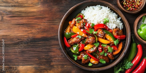 Top View of Sweet and Sour Pork Served with Steamed Rice and Colorful Bell Peppers on a Wooden Table