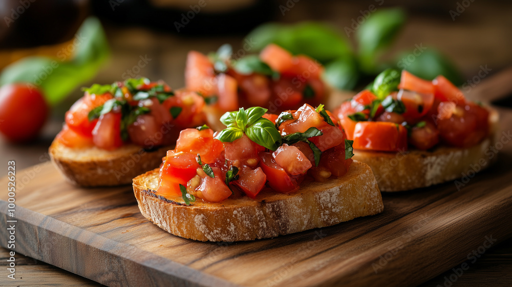 Delight in crisp slices of toasted bread topped with a fresh mixture of diced tomatoes, garlic, basil, and balsamic vinegar, served on a wooden cutting board Delight in crisp slices of toasted bread topped with a fresh mixture of diced tomatoes, garlic, basil, and balsamic vinegar, served on a wooden cutting board
