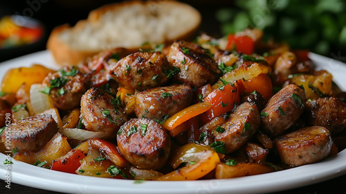 Enjoy a flavorful plate of Italian sausage links cooked with sweet bell peppers and onions, accompanied by crusty bread for dipping