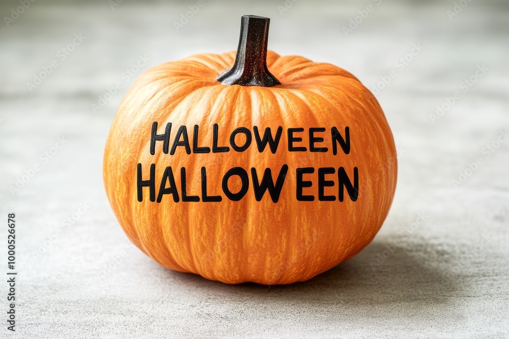 Obraz premium Halloween pumpkin resting on a stone surface featuring carved Halloween text and a natural rustic design with subtle festive elements and muted colors for an understated holiday display