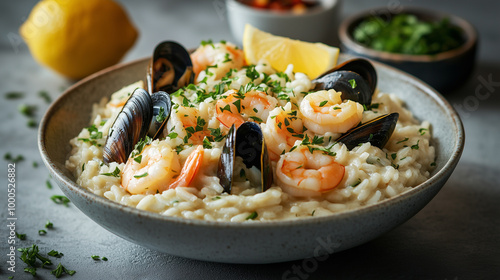 Exquisite seafood risotto served in a deep bowl, showcasing shrimp, mussels, clams, and vibrant herbs with lemon accents