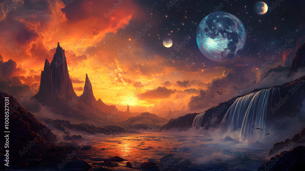 Moonlit Fiery Landscape with Majestic Clouds and Mountains design Moonlit Fiery Landscape with Majestic Clouds and Mountains design