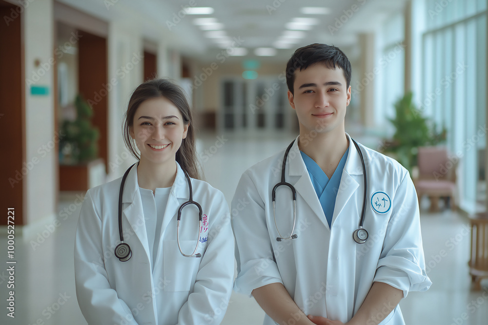 Medical interns in hospital corridor