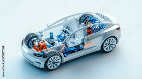 Electric Car Cutaway with Interior and Battery