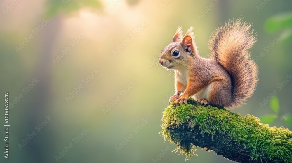 Adorable Red Squirrel Perched on Mossy Branch in Forest Adorable Red Squirrel Perched on Mossy Branch in Forest
