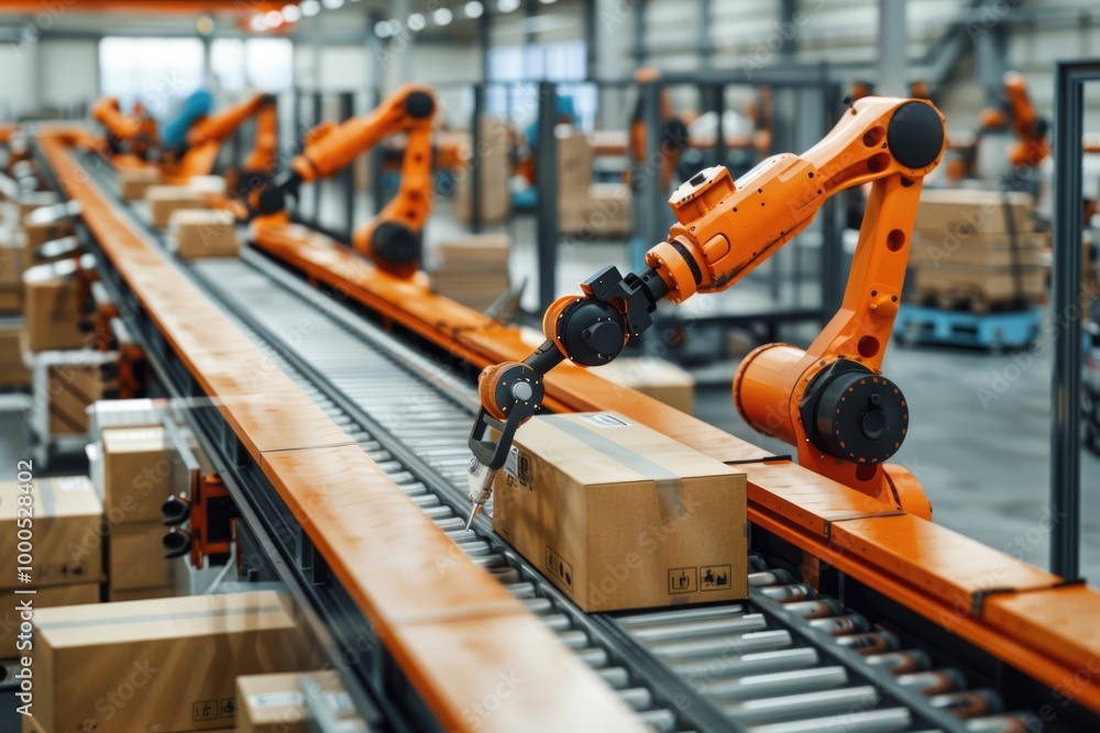 Conveyor belt system with carton boxes and orange robotic arms in modern factory Conveyor belt system with carton boxes and orange robotic arms in modern factory