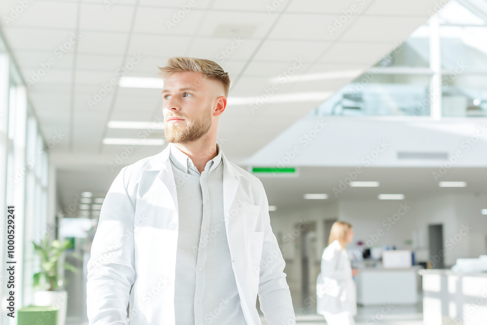 Young doctor walking in clinic Young doctor walking in clinic