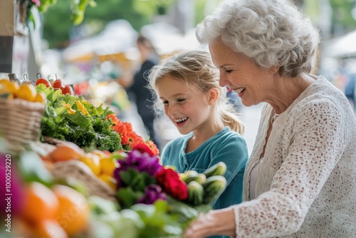 High-resolution brightly lit photorealistic candid photograph of a grandmother and grandchild exploring a farmer 's market, smiling at fresh produce and colorful flowers. The photograph is styled like photo