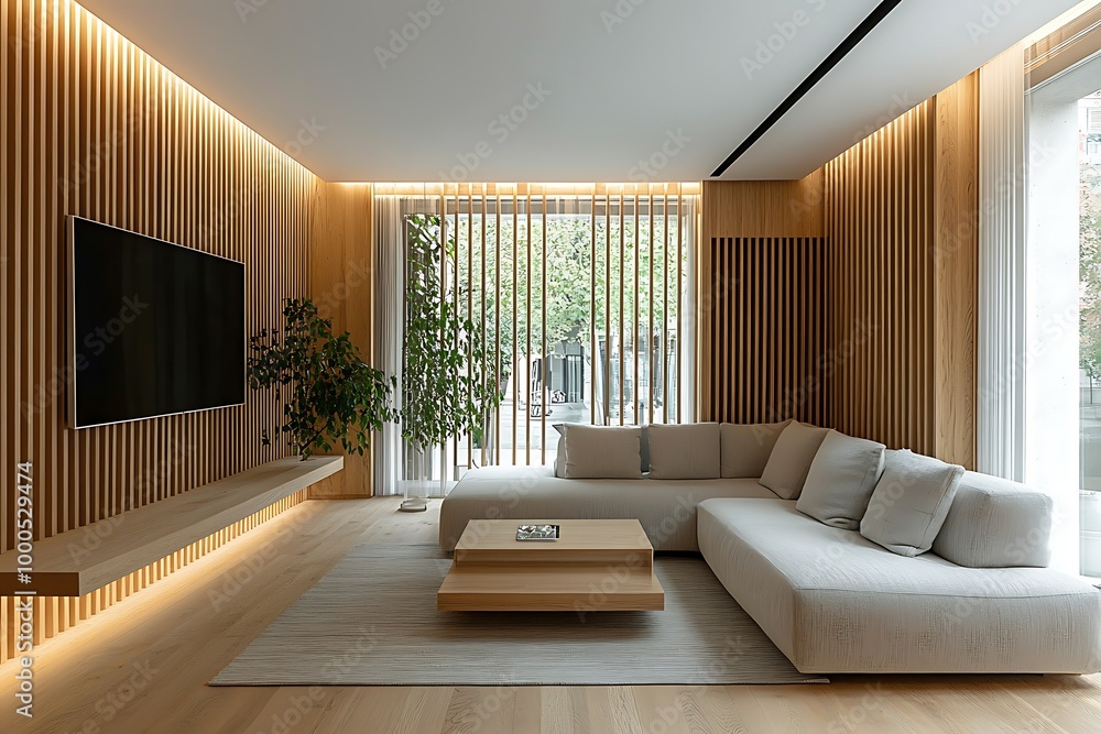 Modern living room with wooden accents and natural light. Modern living room with wooden accents and natural light.