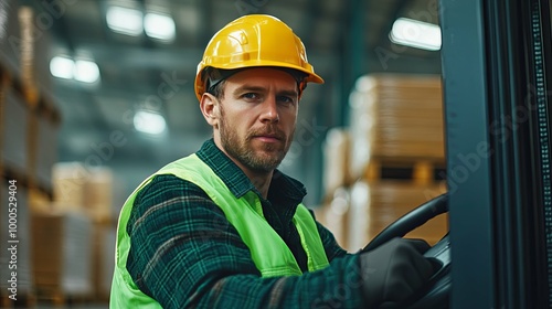 Warehouse Worker Operating Forklift in Industrial Setting