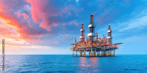 Offshore Oil Platform at Sunset with Beautiful Sky