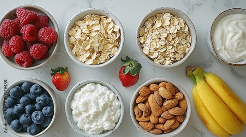 Bowls of Raspberries, Oatmeal, Cottage Cheese, Blueberries, Almonds, Yogurt, and Bananas