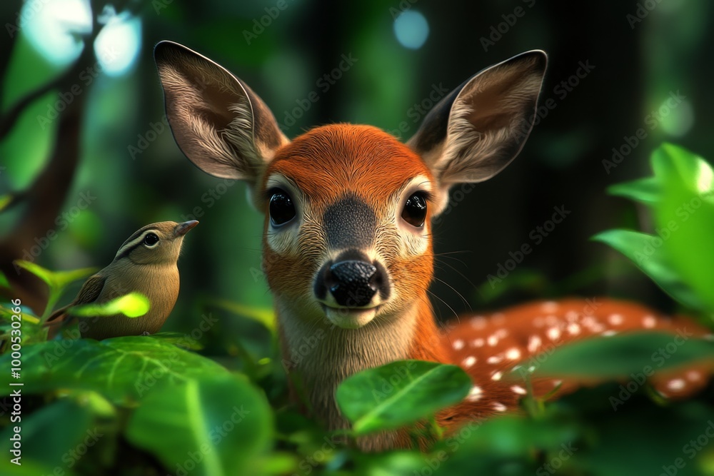 Forest wildlife in hyper-realistic detail, capturing animals like deer, birds, and squirrels in their natural environment Forest wildlife in hyper-realistic detail, capturing animals like deer, birds, and squirrels in their natural environment