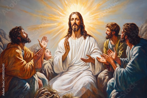 A painting of Jesus Christ with his disciples praying, illuminated by divine light from heaven, representing faith and miracles in Christendom. Created in oil on canvas with detailed brush strokes. photo