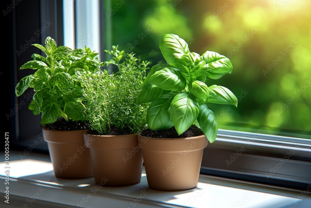 Fresh organic herbs in a kitchen window, with hyper-realistic textures and details of mint, basil, and rosemary growing in small pots Fresh organic herbs in a kitchen window, with hyper-realistic textures and details of mint, basil, and rosemary growing in small pots