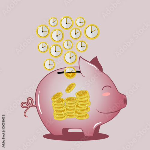 Piggy Bank Illustration Representing Saving Time and Money for Financial Planning and Investment Concepts