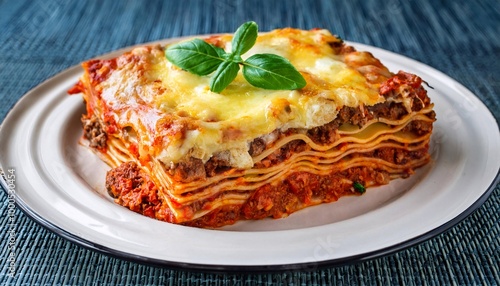 A white plate of lasagna featuring layers of rich bolognese sauce and melted cheese, garnished with fresh basil leaves.