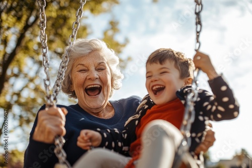 Wallpaper Mural High-resolution brightly lit photorealistic candid photograph of a grandmother and grandchild enjoying a sunny day at a neighborhood playground, swinging and laughing together. The photograph is Torontodigital.ca