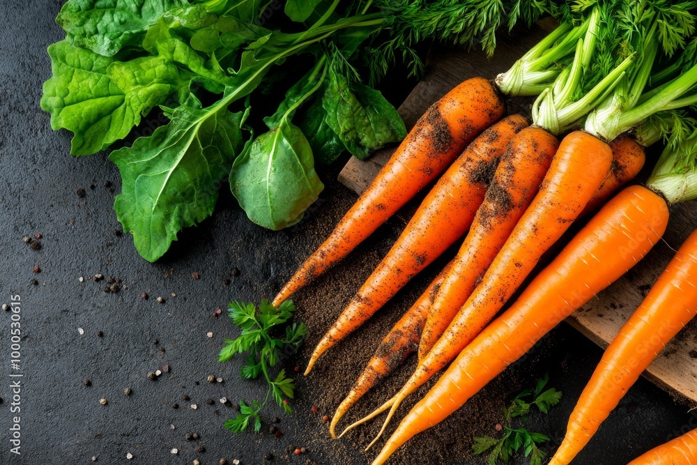 Freshly harvested organic carrots, with dirt still clinging to them, laid out on a rustic table beside leafy greens and root vegetables Freshly harvested organic carrots, with dirt still clinging to them, laid out on a rustic table beside leafy greens and root vegetables