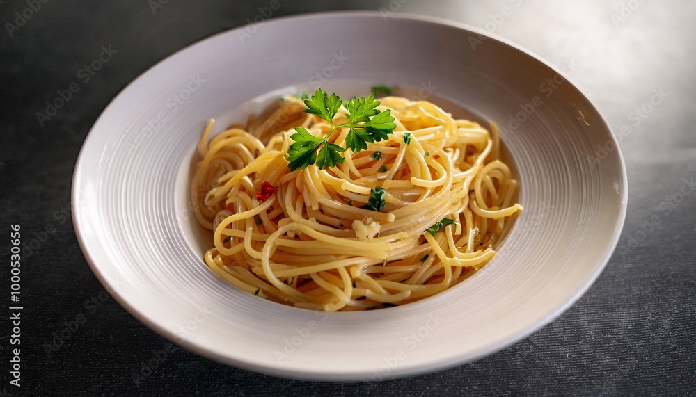Cooked spaghetti pasta on the plate on grey table Cooked spaghetti pasta on the plate on grey table