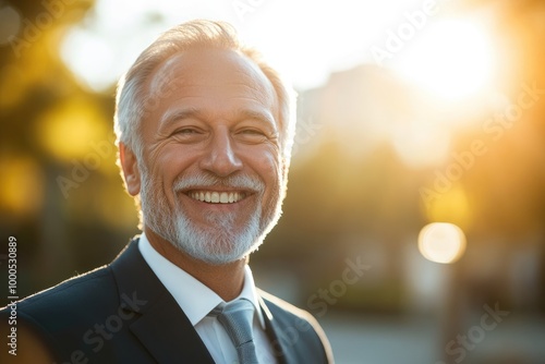 High-resolution brightly lit photorealistic candid photograph of a senior businessman radiating happiness in a high-end lifestyle magazine style. The bright, uplifting feel complements his joyful photo