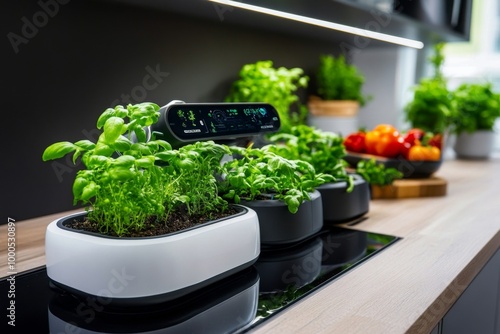 Futuristic organic kitchen, with smart devices monitoring plant growth and preparing meals made from homegrown herbs and vegetables photo