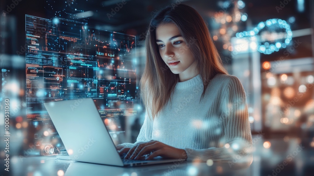 Very realistic and photographic photo of a young marketer using a laptop and surrounded by a holographic display showing complex data related to business innovation. The photograph is styled like a Very realistic and photographic photo of a young marketer using a laptop and surrounded by a holographic display showing complex data related to business innovation. The photograph is styled like a