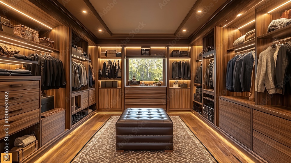 Luxurious Walk-in Closet with Wooden Finishes and Leather Ottoman Luxurious Walk-in Closet with Wooden Finishes and Leather Ottoman