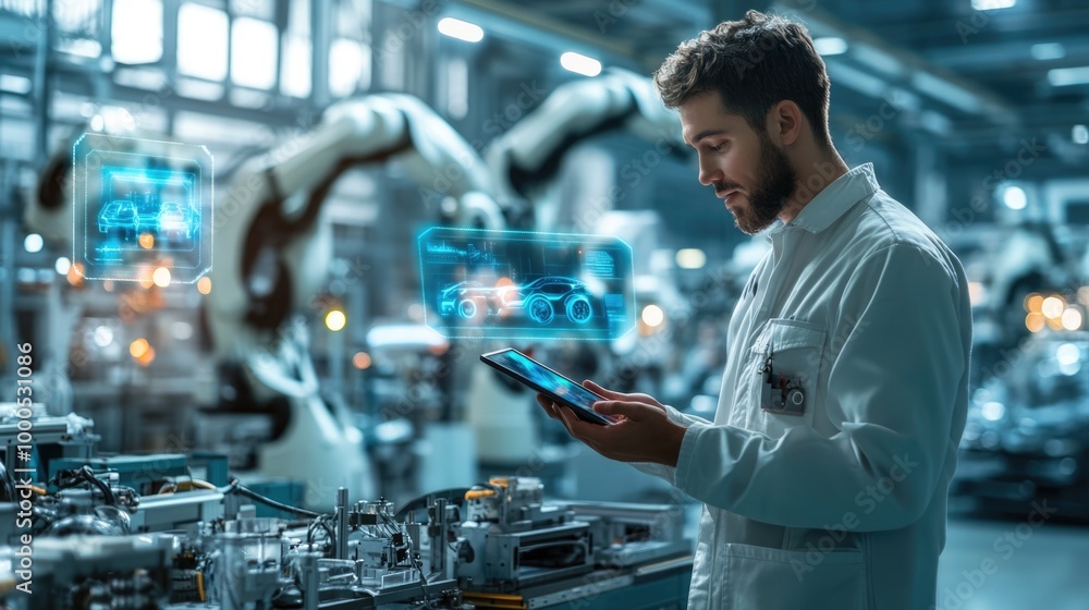 engineer using a tablet in a high-tech electric vehicle factory, surrounded by futuristic holographic displays analyzing the assembly process. The robotic arms working in the background. engineer using a tablet in a high-tech electric vehicle factory, surrounded by futuristic holographic displays analyzing the assembly process. The robotic arms working in the background.