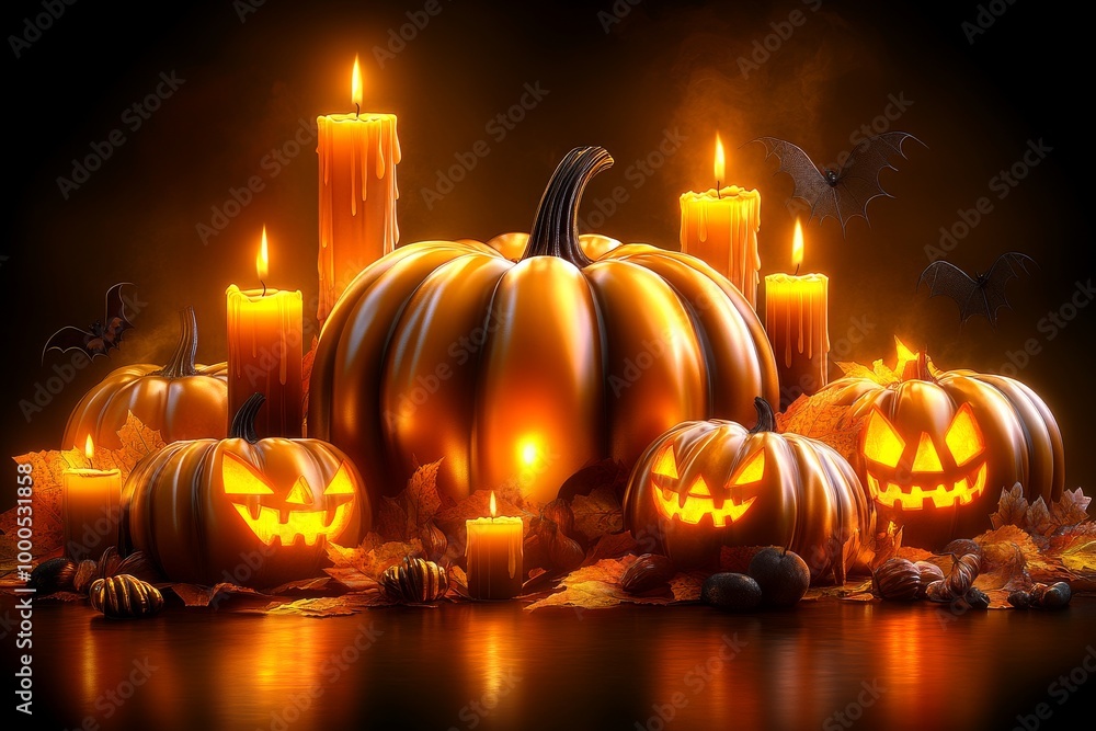 Naklejka premium Halloween scene with glowing jack o lanterns black candles and pumpkins arranged in a spooky display creating a warm eerie atmosphere with a festive holiday vibe
