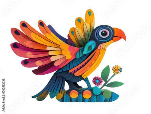 Colorful Tropical Parrot Statue with Friends Perched on Branch in Vibrant Surrounds