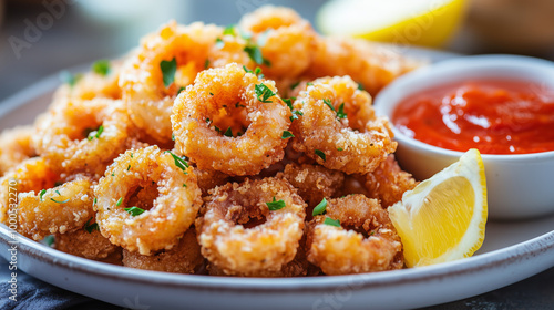 Crispy Fried Calamari with Lemon Wedge and Marinara Sauce photo