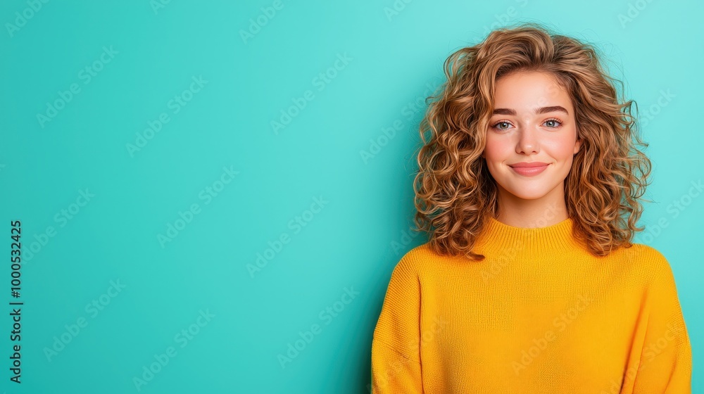 Happy Woman with Curly Hair Smiling on Turquoise Background Happy Woman with Curly Hair Smiling on Turquoise Background