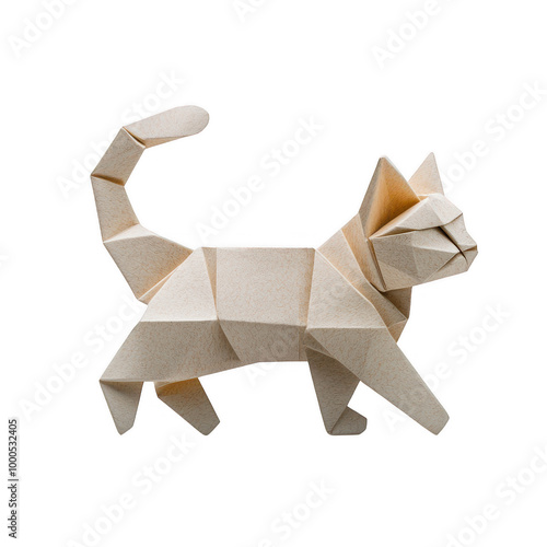 Whimsical Origami Cat Figure Standing Upright in Black Background with White Paper Details. photo