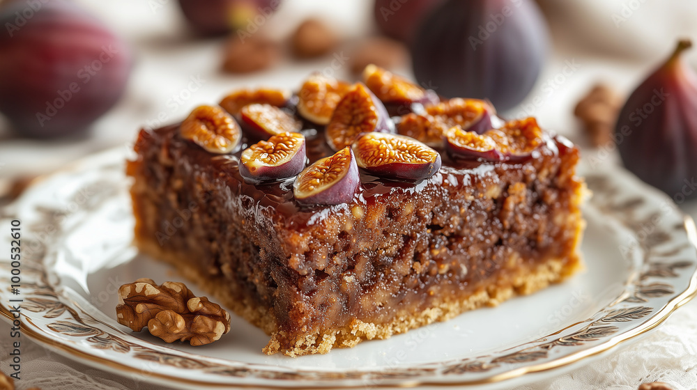 Homemade Italian Fig Cake with Fresh Figs and Nuts on a Plate Homemade Italian Fig Cake with Fresh Figs and Nuts on a Plate