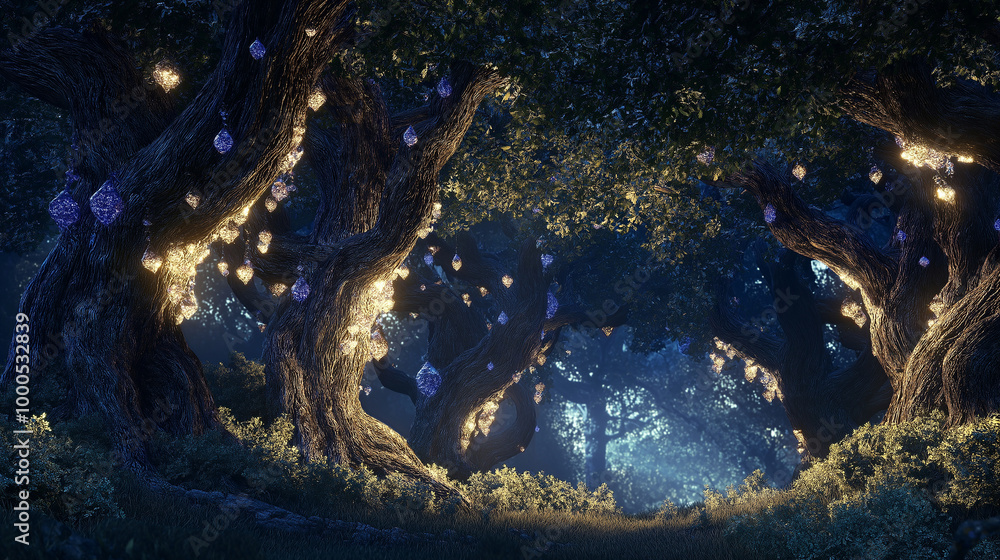 Obraz premium A glowing grove filled with photorealistic, crystal-coated vines, twisting around ancient trees with detailed bark, illuminated by the soft glow of enchanted plants
