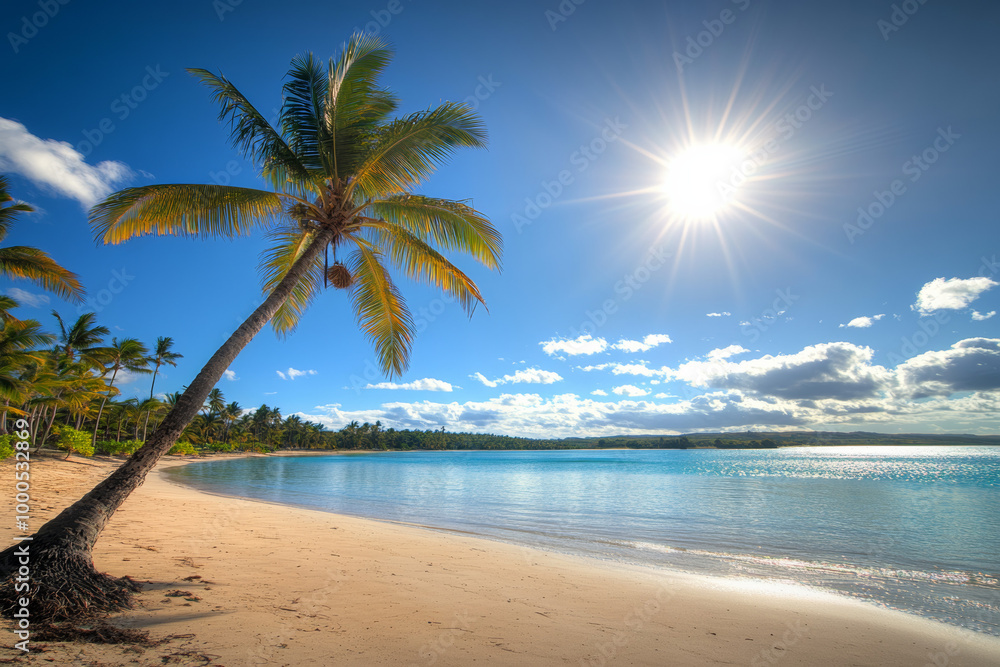 Sunny beach with palm trees under clear blue sky, calm waters and sandy shore, capturing the beauty of summer in an exotic tropical location with a lone coconut tree swaying in the breeze. Sunny beach with palm trees under clear blue sky, calm waters and sandy shore, capturing the beauty of summer in an exotic tropical location with a lone coconut tree swaying in the breeze.