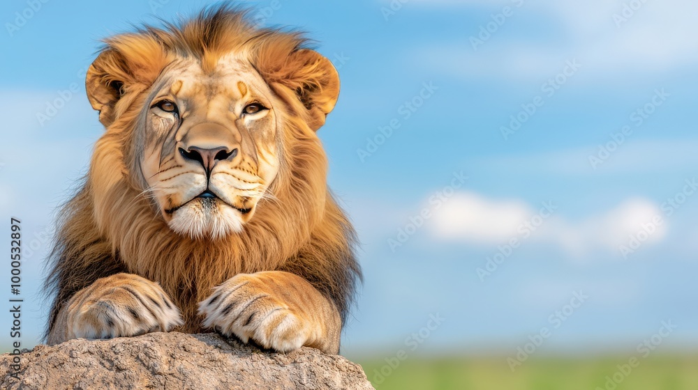 Majestic Lion Resting on Rock in African Savanna Wildlife Photography Majestic Lion Resting on Rock in African Savanna Wildlife Photography