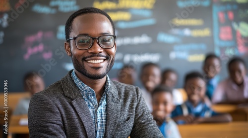 Happy African American Teacher in Classroom with Students