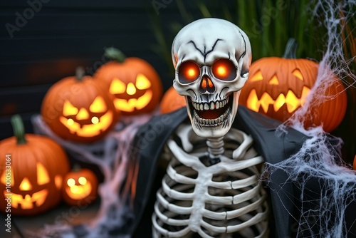 Spooky Halloween skeleton decoration, with hyper-realistic detail, surrounded by glowing pumpkins and cobweb-covered fences