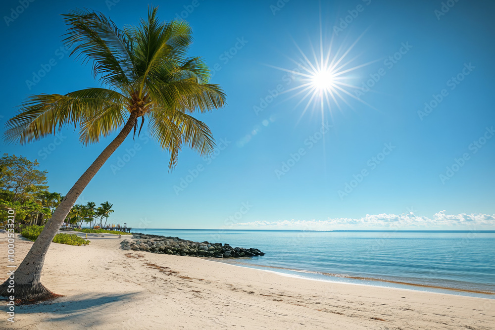 Sunny beach with palm trees under clear blue sky, calm waters and sandy shore, capturing the beauty of summer in an exotic tropical location with a lone coconut tree swaying in the breeze. Sunny beach with palm trees under clear blue sky, calm waters and sandy shore, capturing the beauty of summer in an exotic tropical location with a lone coconut tree swaying in the breeze.