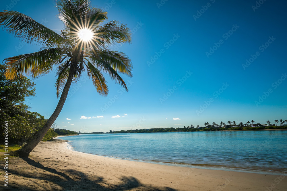 Fototapeta premium Sunny beach with palm trees under clear blue sky, calm waters and sandy shore, capturing the beauty of summer in an exotic tropical location with a lone coconut tree swaying in the breeze.