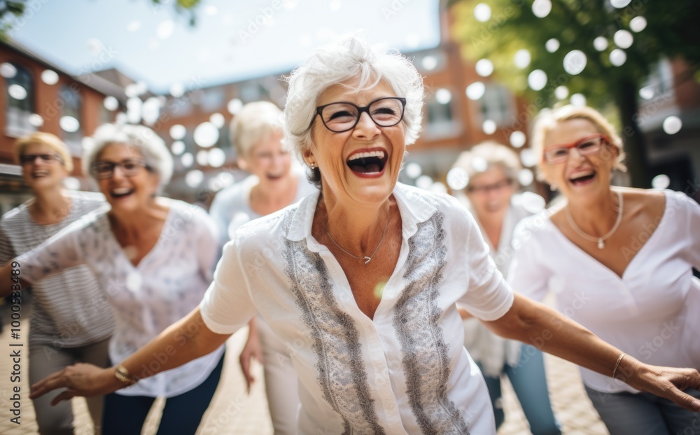 Fototapeta premium Contented senior - elderly individual enjoying social activity, highlighting benefits of active social participation for seniors, promoting mental, emotional health, creating a sense of belonging.