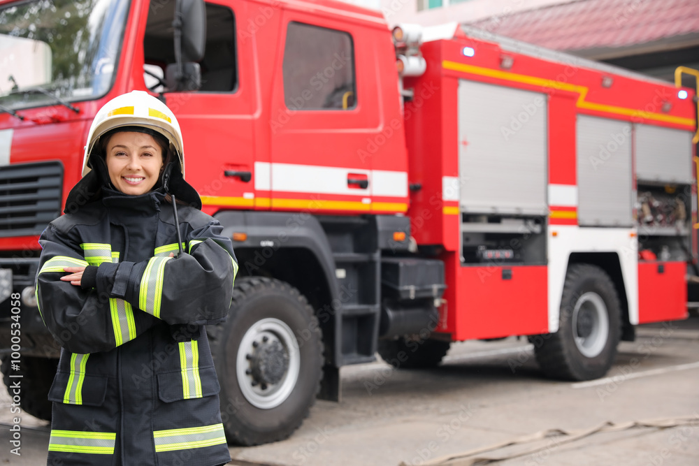 Portrait of firefighter in uniform and helmet near fire truck outdoors Portrait of firefighter in uniform and helmet near fire truck outdoors