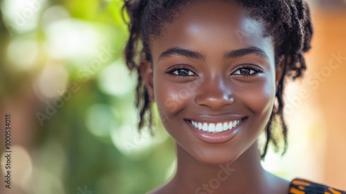 Beautiful Smiling Black Woman with Natural Beauty and Bokeh Background