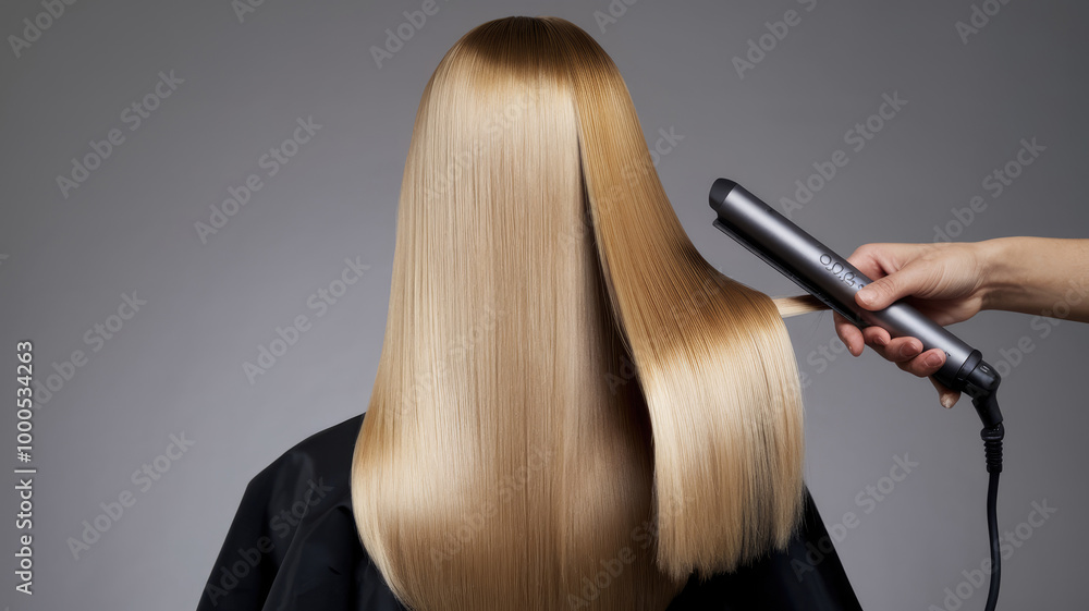 Fototapeta premium A woman with blonde hair is getting her hair straightened. A stylist is holding a flat iron and is working on the woman's hair