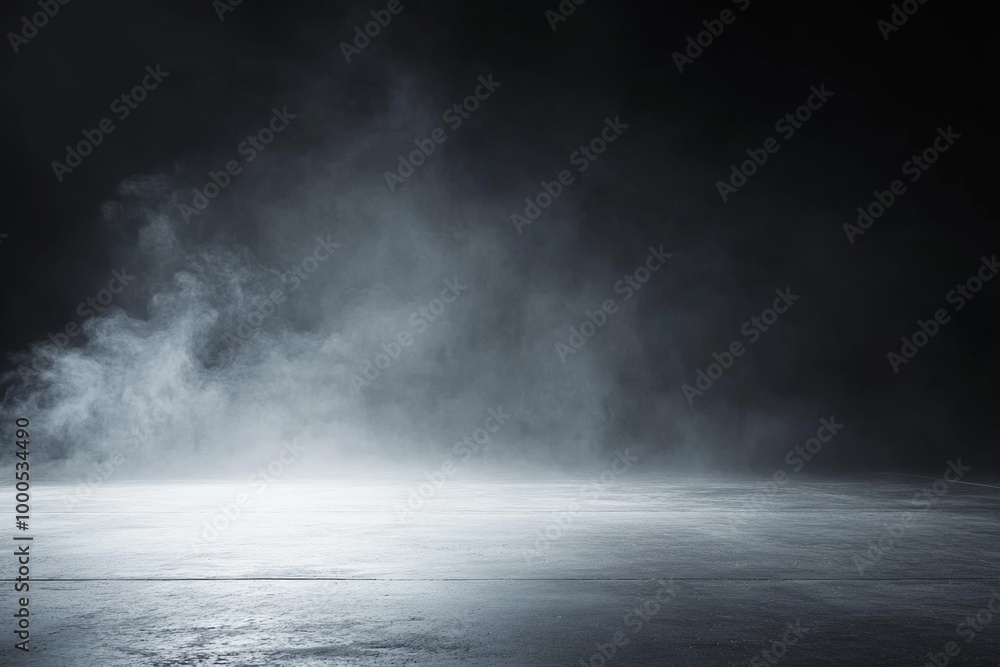 Fototapeta premium Moody abstract background of an empty dark room with smoke and fog on concrete floor, offering ample copy space for product presentations in a wide banner format.