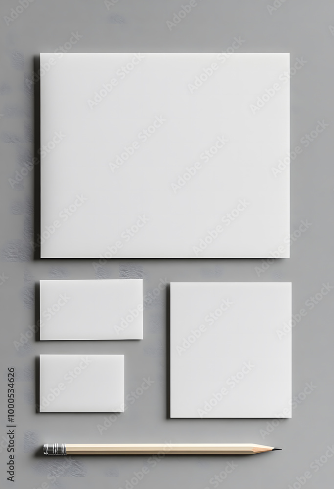 Minimalist Blank Stationery Mockup with Pencil on Gray Background Minimalist Blank Stationery Mockup with Pencil on Gray Background