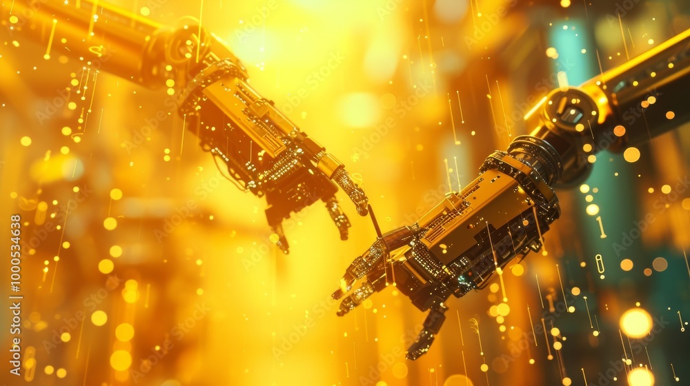 Robotic hands reaching towards each other amidst a glowing golden digital atmosphere, symbolizing technological connection and innovation. Ideal for themes of AI, robotics, and futuristic Robotic hands reaching towards each other amidst a glowing golden digital atmosphere, symbolizing technological connection and innovation. Ideal for themes of AI, robotics, and futuristic